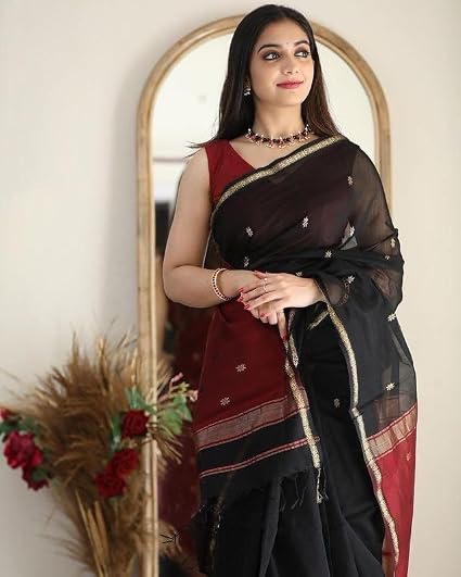 Women's Cotton Linen Contrast Color Saree With Gold-Toned Zari Work & Unstitched Blouse Piece - Image 3