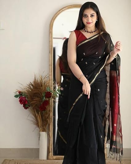 Women's Cotton Linen Contrast Color Saree With Gold-Toned Zari Work & Unstitched Blouse Piece - Image 4