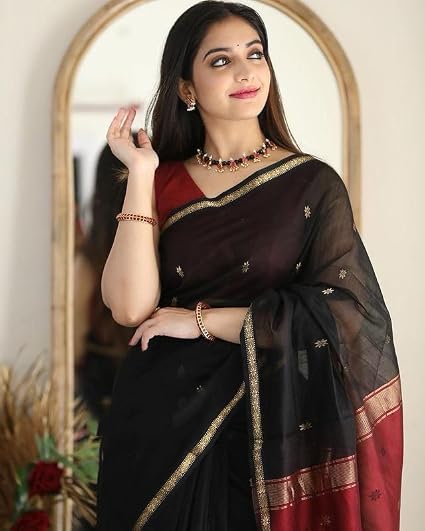Women's Cotton Linen Contrast Color Saree With Gold-Toned Zari Work & Unstitched Blouse Piece - Image 2