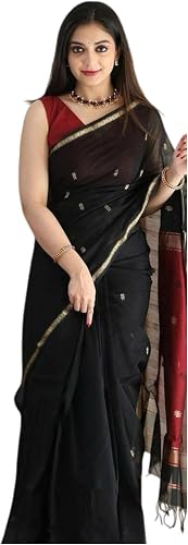 Women's Cotton Linen Contrast Color Saree With Gold-Toned Zari Work & Unstitched Blouse Piece
